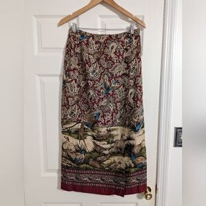 Dana Pierce Red Wrap Skirt Peasant Bird Nature Paisley Print Size 12
